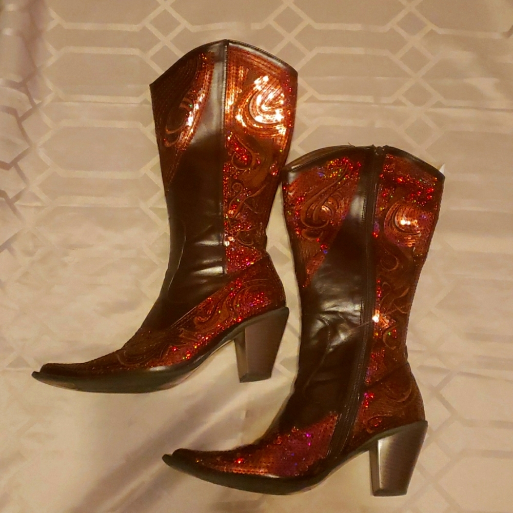Vegan Western Boots Burgundy Red Sequence Size 9 Unique Look!